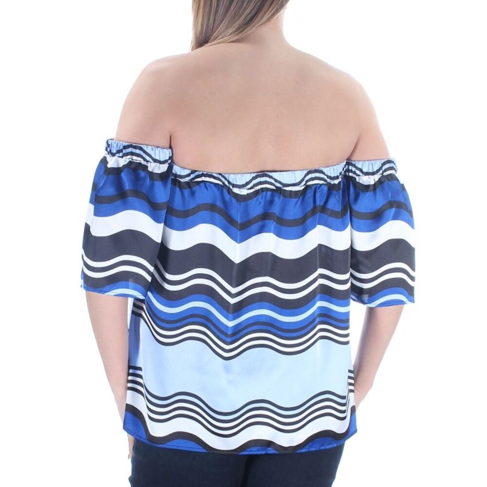 INC Womens Blue Striped Short Sleeve Off Shoulder Top Size: L - Picture 4 of 4